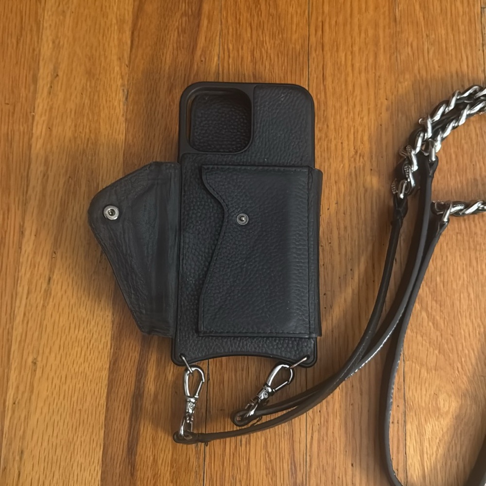 Bandolier Black Leather Phone Crossbody with Silver-Tone Chain Strap - Picture 3 of 5